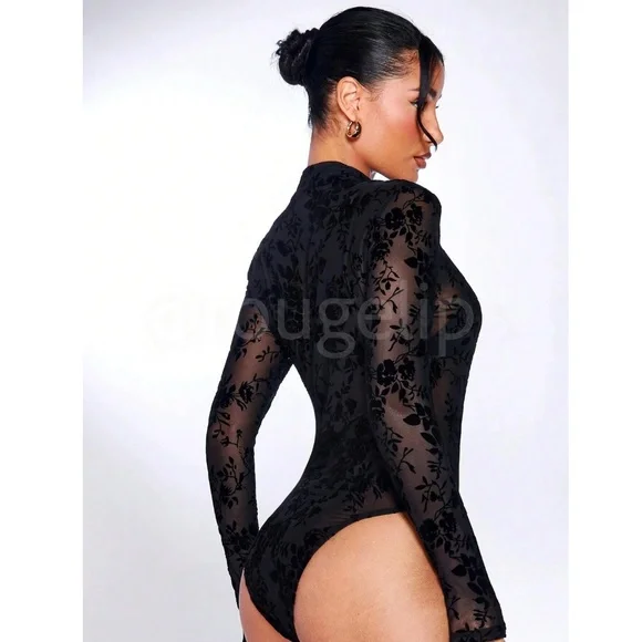 Black Mesh Lace Sheer Long Sleeve Bodysuit - Picture 3 of 14